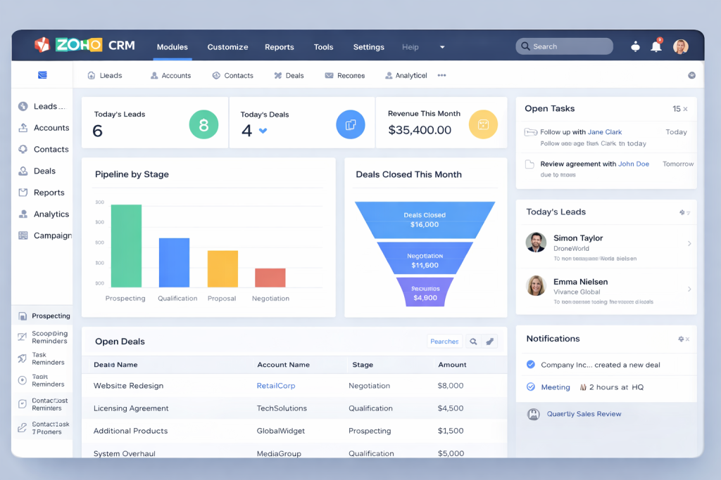 Zoho CRM dashboard interface